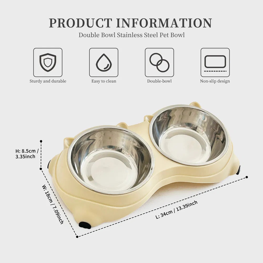 Macaron Pink-Dual Stainless Steel Pet Bowls, 600ml Each, Non-Slip, Dishwasher Safe For Small-Medium Pets