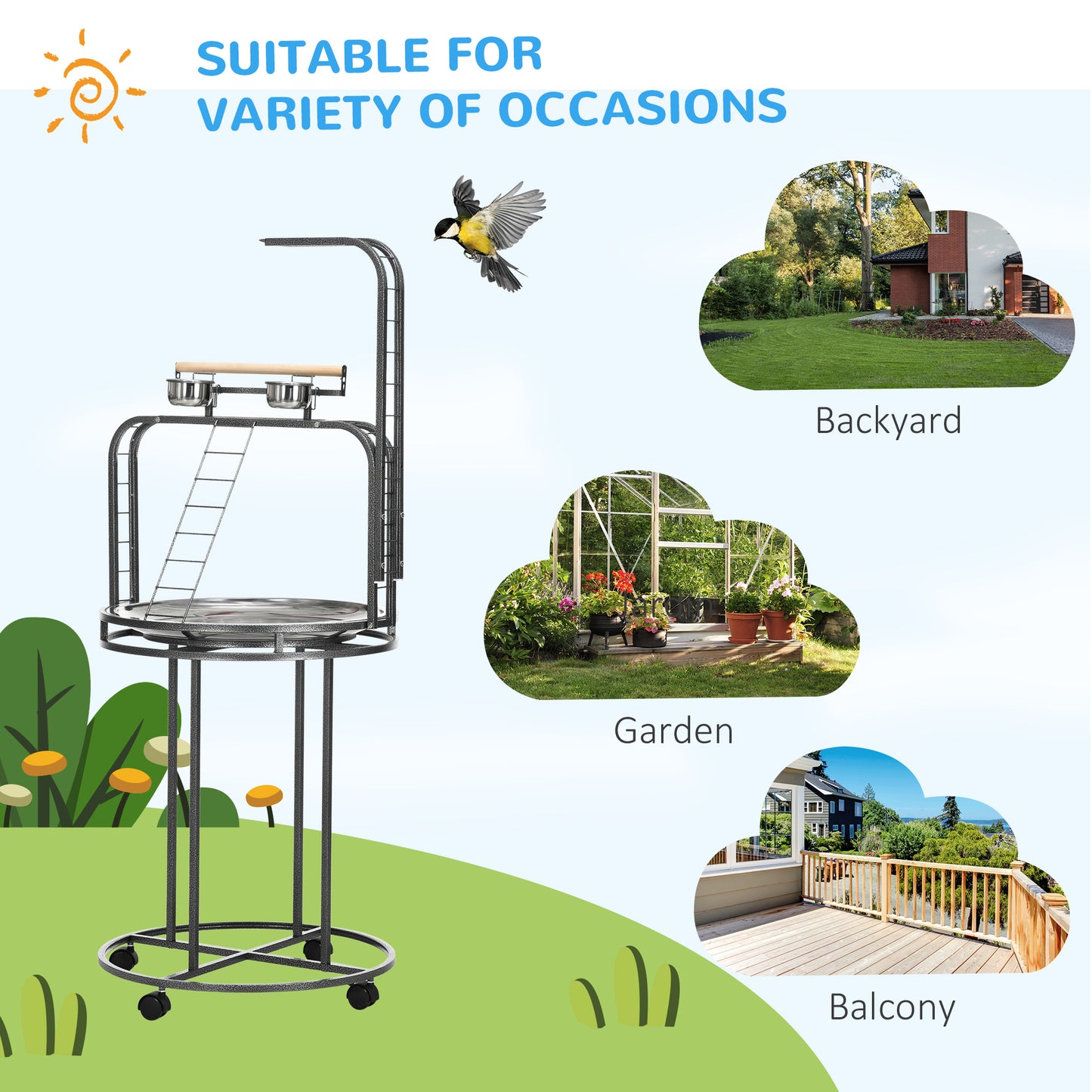 Parrot Stand Large Bird Perch Stand with Toy Hook & 3 Ladders, Parrot Perch, Bird Wooden Stand, Gray