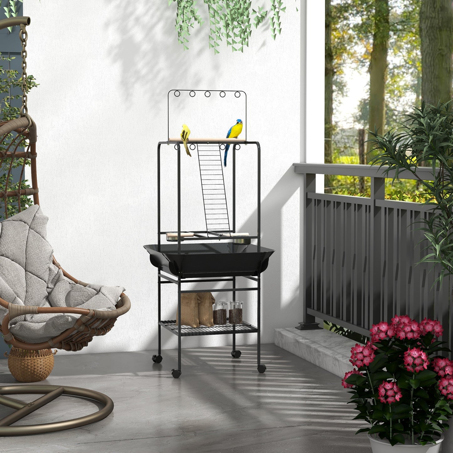 Bird Stand with Wheels, Perches, Stainless Steel Feed Bowls, Pull-Out Tray for Indoor Outdoor Small Parrot, Dark Gray