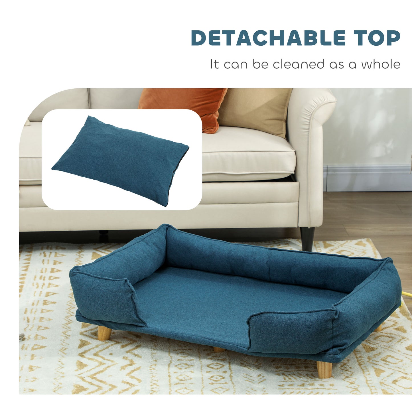 Raised Dog Couch with Comfortable Cushion, Pine Wood Legs, Foot Pads for Large-Sized Dogs Indoor Use, Dark Blue